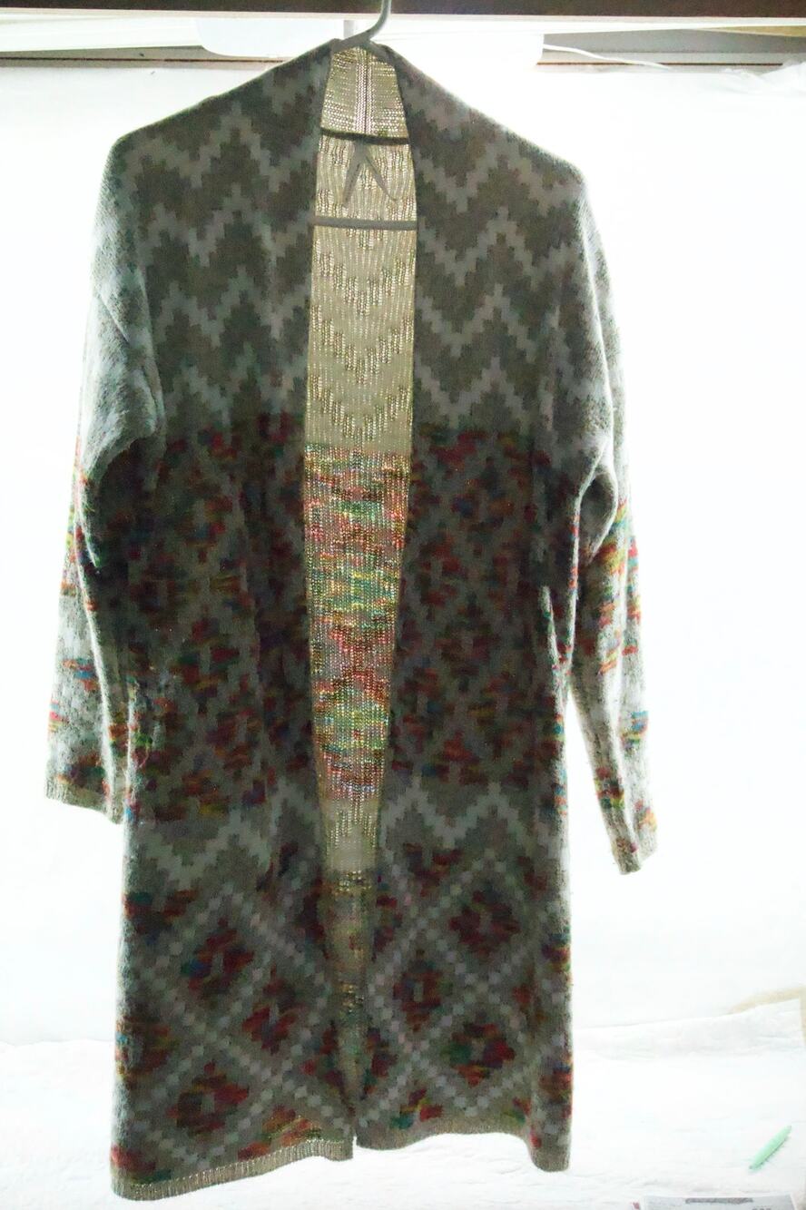 Dreamers women’s medium tan and multicolor long sweater.